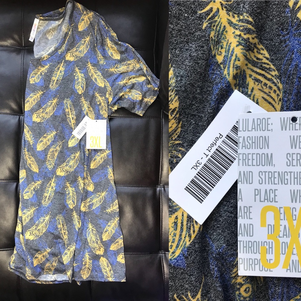 LulaRoe Perfect T 3XL Grey and Yellow Feathers